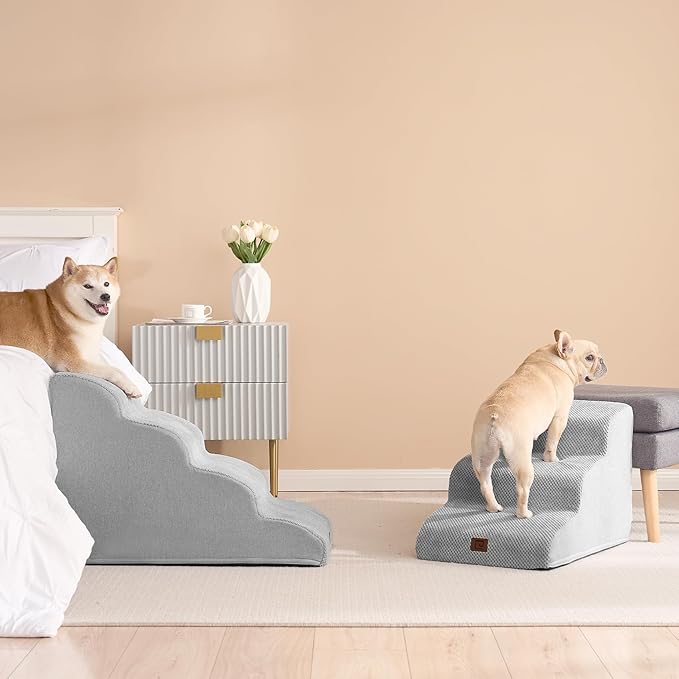 EHEYCIGA Curved Dog Stairs for Small Dogs 15.7" H, 3-Step Dog Steps for Couch Sofa and Chair, Pet Stairs for Cats, Non-Slip Balanced Pet Steps Indoor, Light Grey
