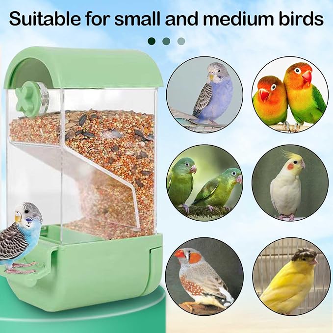 No Mess Bird Cage Feeder Automatic Parakeets Seed Food Container Acrylic Parrot Feeder Cage Accessories Transparent Small and Medium Lovebirds Canary Cockatiel Finch (Green)