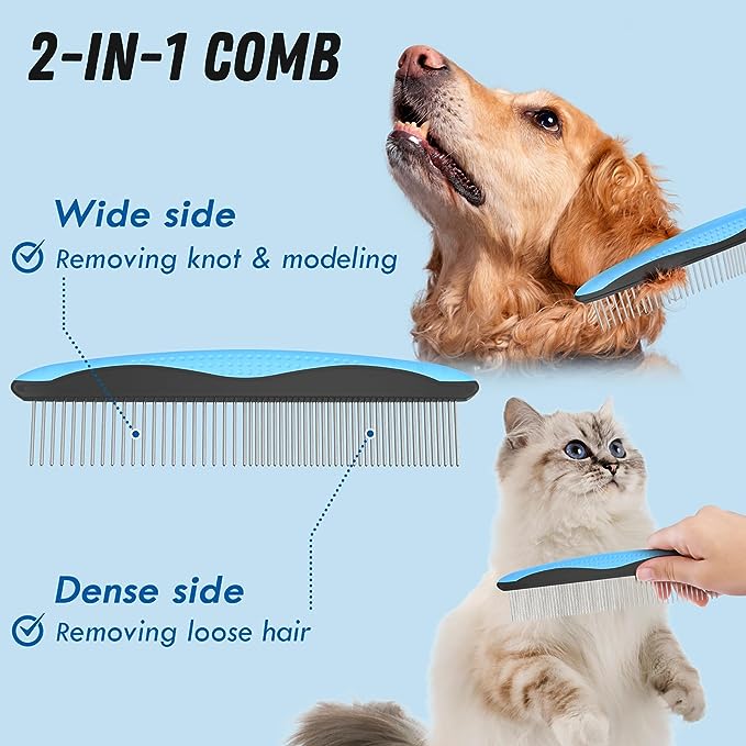 Pet Grooming Brush and Metal Comb Combo, Cat Brush Dog Brush for Shedding, Undercoat Rake for Dogs Grooming, Dematting Deshedding Brush Dogs Shedding Tool for Long matted Haired Pets, Blue