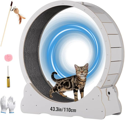 Cat Wheels for Indoor Cats. Extra Large Diameter Cat Treadmill. Made of Natural Solid Wood. Inside Diameter 40in/100cm. Including Installation Tools and Cat Teaser. (White)