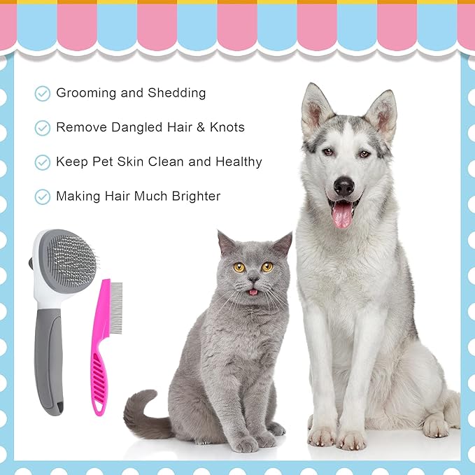 Cat Brushes for Indoor Cats, Dog Brush for Shedding with Metal Cat Comb, Self Cleaning Pet Hair Brush with Release Button for Grooming Kitten(Grey)