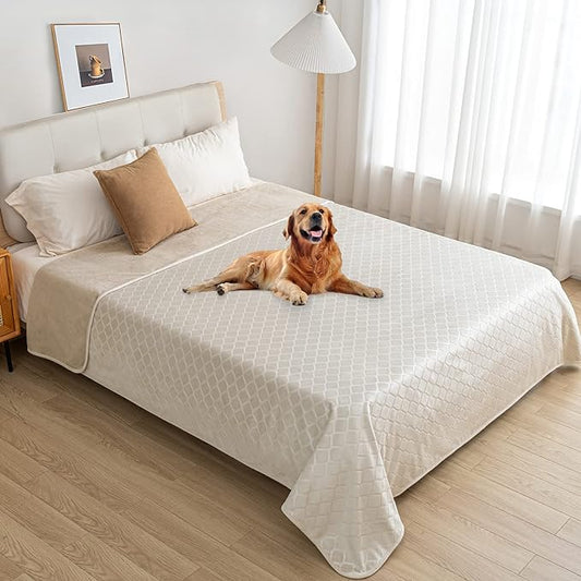 fuguitex Waterproof Dog Blanket Bed Cover Dog Crystal Velvet Moroccan Fuzzy Cozy Plush Pet Blanket Throw Blanket for Couch Sofa(82 * 102 inch, Cream+Beige)