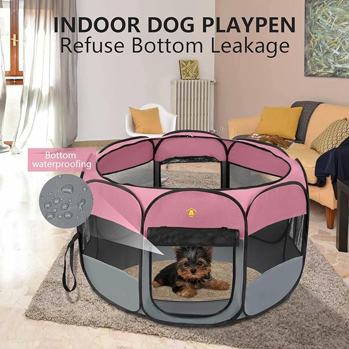 Pet Dog Playpen, 36" Medium Puppy Play Pen Tent Crates Cage for Indoor/Outdoor, Portable Playpen for Dog Cat, Foldable Pop Up Kennel Playpen with Waterproof Bottom, Shade Top Cover. Pink