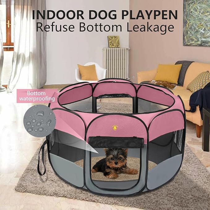 Pet Dog Playpen, 45" Large Puppy Play Pen Tent Crates Cage for Indoor/Outdoor, Portable Playpen for Dog Cat, Foldable Pop Up Kennel Playpen with Waterproof Bottom Pad, Shade Top Cover. Pink