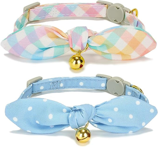 Bowtie Cat Collar with Bell, 2 Pack Cotton Breakaway Kitten Collars with Removeable Bow Stylish Cat Collars, Gradient Plaid & Polka Dot Blue