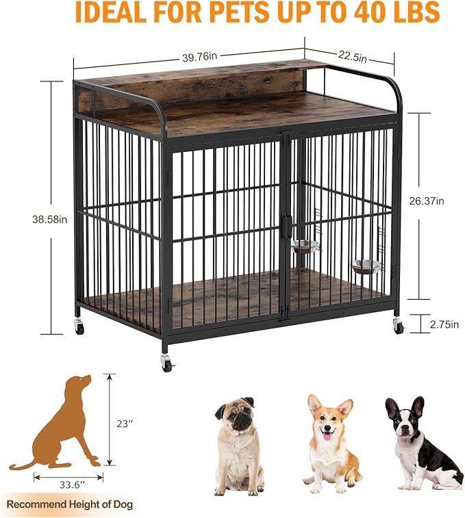 40’’ Dog Crate Furniture, Wooden Dog Crate End Table with Adjustable Height & 360° Rotating Feeder for Medium Dogs, Heavy Duty Dog Kennel Indoor with Movable Wheels(39.76''L x 22.5''W x 38.58''H)