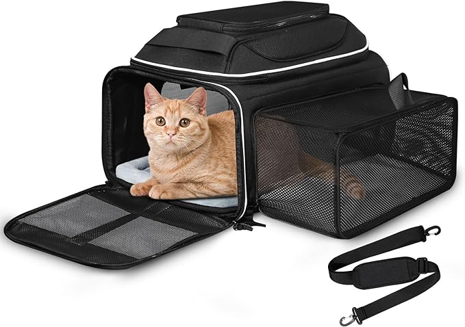 Top and Side Expandable Pet Carrier 17x12x8.5 Inches JetBlue Frontier Spirit Airline Approved, Soft-Sided Carrier for Small Cats and Dogs with Locking Safety Zipper and Anti-Scratch Mesh(Black)