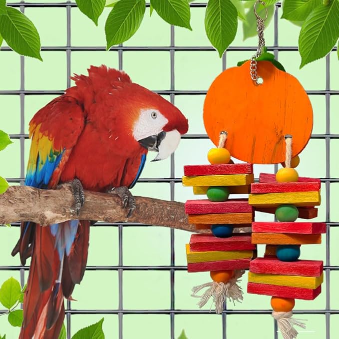 Bird Parrot Chewing Toys Bird Beak Grinding Wood Block Colorful Fruit Swing Toy for Parakeet Budgie Cockatiel Cockatoo Conure Finch Lovebird African Grey