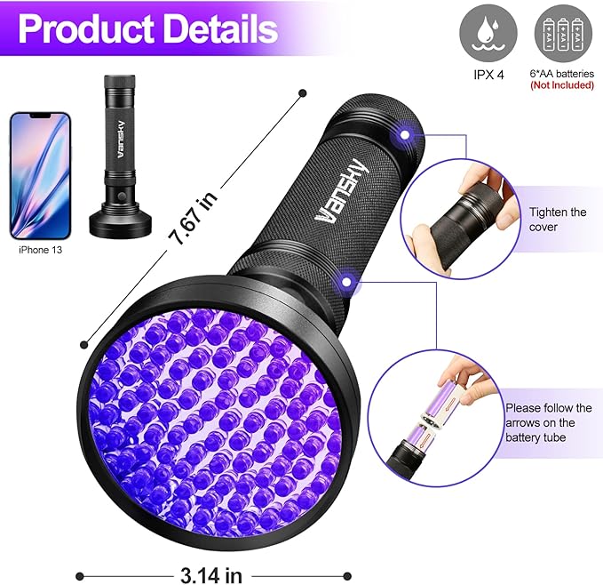 Vansky Black Light UV Flashlights, Ultra Bright 100 LED 395nm Ultraviolet Blacklight Detector for Dog Cat Pet Urine, Dry Stains and Bed Bug, Matching with Pet Odor Eliminator