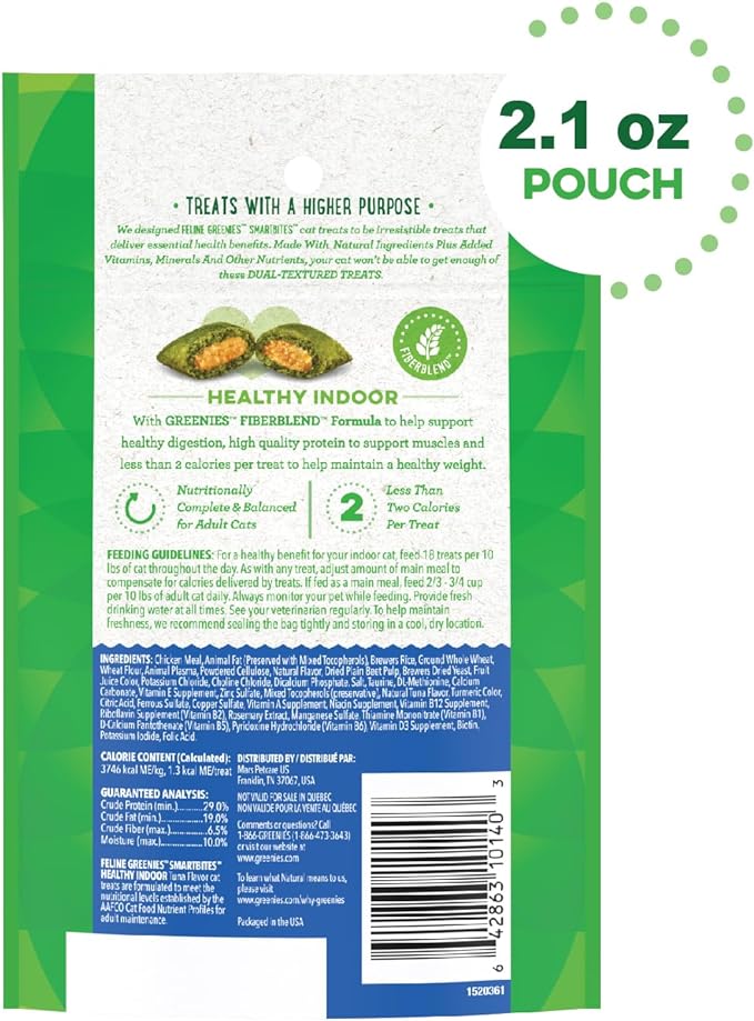 Greenies SMARTBITES HEALTHY INDOOR Natural Treats for Cats, Tuna Flavor, 2.1 oz. Pouch