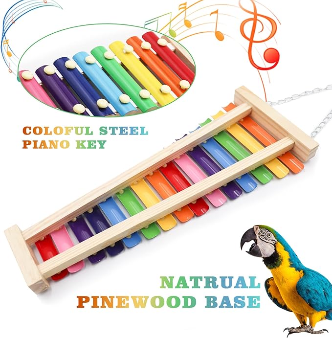 Large Colorful Bird Xylophone Toy, Suspensible Funny Xylophone Toy with 15 Metal Keys, Bird Cage Toy Accessories for Chicken Bird Parrot Parrot Parakeet Budgies Love Birds