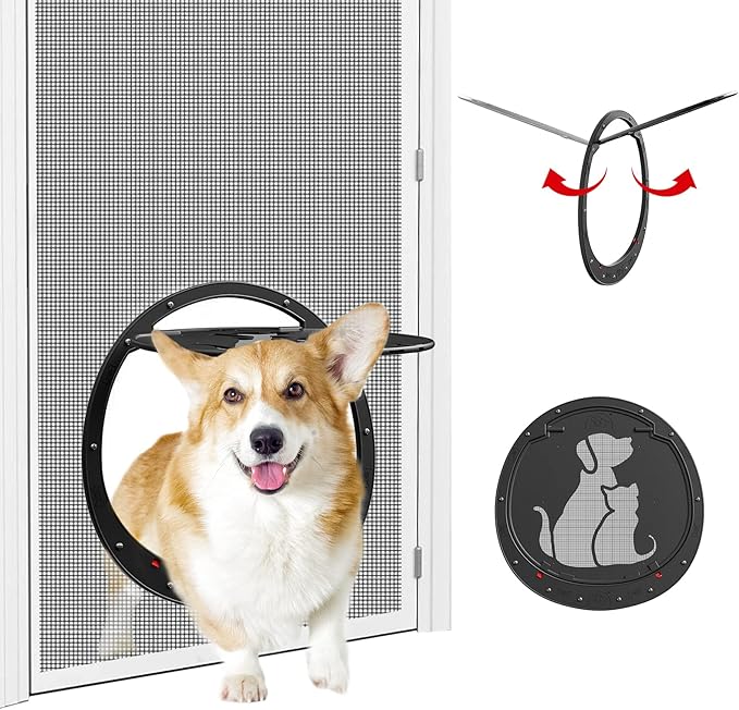 Dog Door for Screen Door, Patent Desigh Pet Screen Door with Lockable Magnetic Flap for Doggy Dog and Cat Door, Black