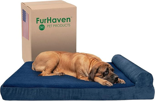 Furhaven Orthopedic Dog Bed for Large Dogs w/ Removable Bolster & Washable Cover, For Dogs Up to 125 lbs - Fleece & Corduroy Bolster Chaise - Navy Blue, Jumbo Plus/XXL