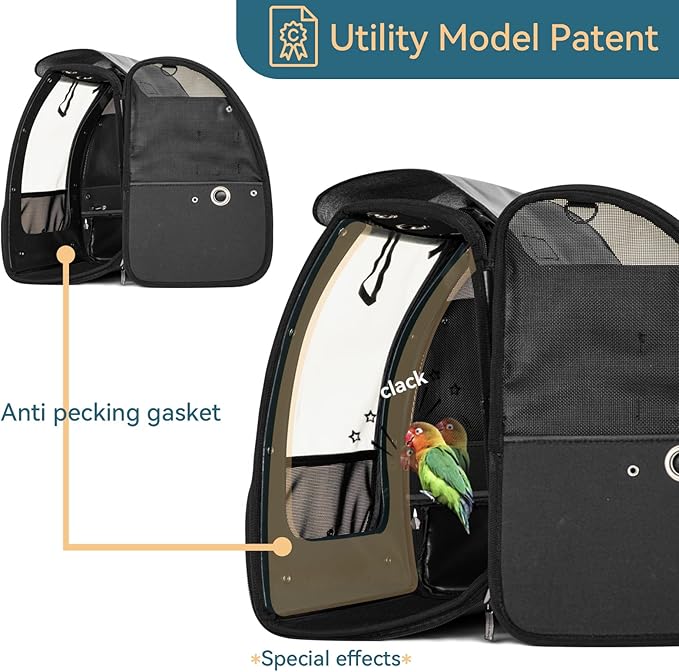 Petsfit Bird Carrier Medium Size with Stainless Steel Bowl, Parrot Backpack includes Slide Tray for Easy Cleaning, 13" x 10" x 16"