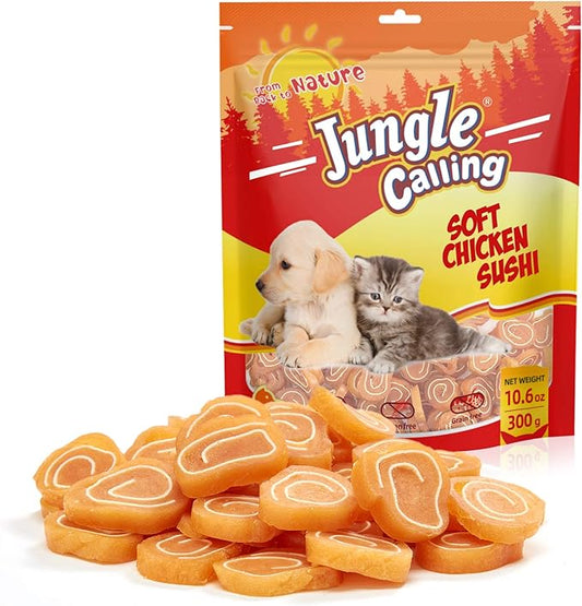 Jungle Calling Dog Treats, Soft Chicken Treats for Dogs & Cats, High Protein Grain Free Chewy Chicken & Codfish Dog Treats for Small Dogs, Chewy Puppy Training Treats, Chicken Sushi Treats, 10.6 oz