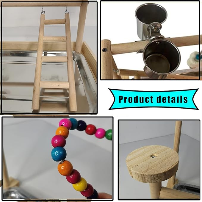 Parrots Playground, Bird Play Gym Wood Perch Stand Colours Revolving Climb Ladders Swing Chewing Toys with Parakeet Feeding Cups Exercise Activity Center for Conure Cockatiel Lovebirds(Include a Tray)