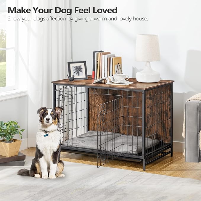 Dog Crate Furniture, Wooden Dog Kennel with Removable Tray, Heavy-Duty Dog Cage End Side Table, Indoor Dog House for Small/Medium/Large Dogs, 37.8" L, Rustic Brown DCHR0301Z