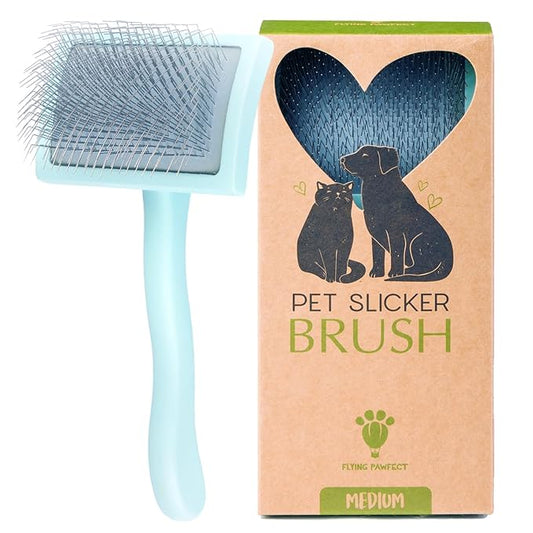 Pet Slicker Brush With Soft Massage Grooming Stainless Steel Pins - For Dematting, Shedding Fur, and Undercoat - Ideal Gift for Professional Pet Groomers - Long Slicker Brush - Flying Pawfect