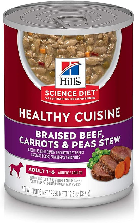 Hill's Science Diet Healthy Cuisine, Adult 1-6, Great Taste, Wet Dog Food, Braised Beef, Carrots & Peas Stew, 12.5 oz Can, Case of 12