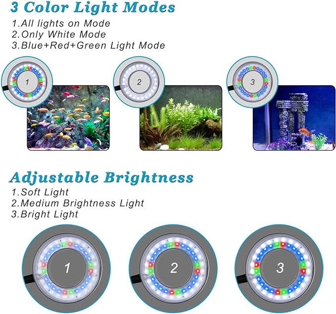 Clip On Aquarium Light with Timer for 1 to 3 Gal Fish Tank (Dimmable White+Blue+Red LED) USB Moving Lamp for Open Terrarium (Adapter NOT Included)