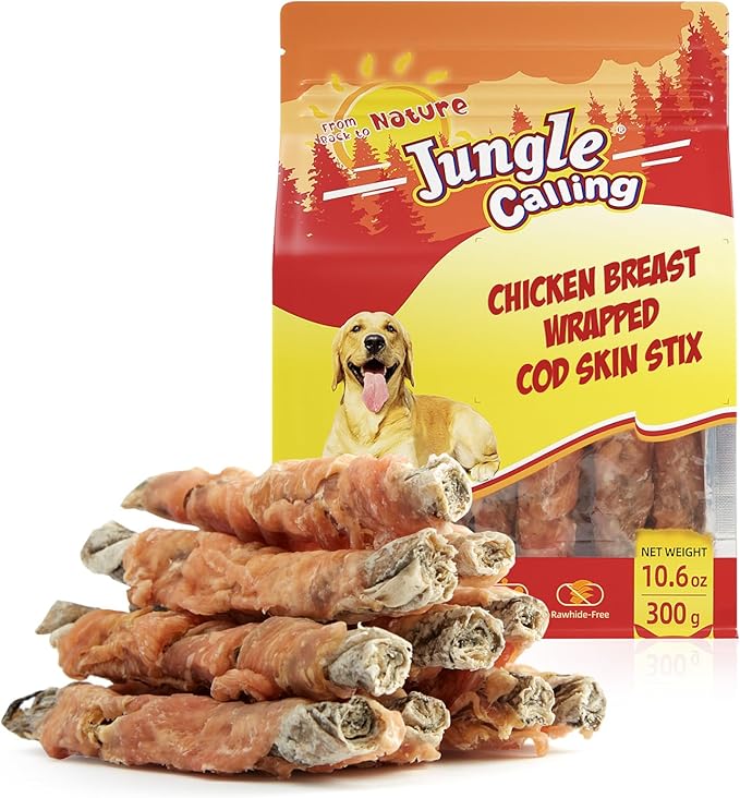 Jungle Calling Dog Treats, High Protein Dog Chewy Treats Healthy Teeth and Coat, Chicken Wrapped Cod Skin Sticks, Rawhide Free Cod Fish Skin Treats for Dogs, 10.6 oz