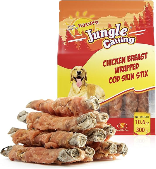 Jungle Calling Dog Treats, High Protein Dog Chewy Treats Healthy Teeth and Coat, Chicken Wrapped Cod Skin Sticks, Rawhide Free Cod Fish Skin Treats for Dogs, 10.6 oz