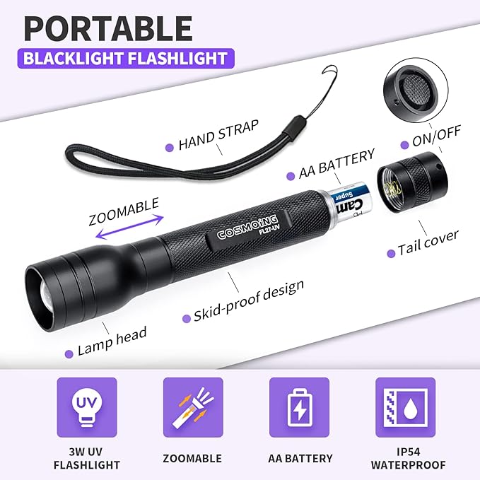 395nm UV Flashlight, Zoomable Pen Blacklight Flashlight with 2xAA Battery Ultraviolet Flashlight Pet Urine Detector for Cat Dog Stains, Scorpion, Bed Bug