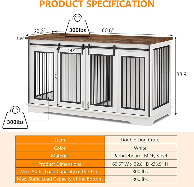 2-in-1 Double Dog Crate Furniture for 2 Dogs 60.6 Inch Pure White Sturdy Double Dog Kennel TV Stand with Divider and Sliding Doors