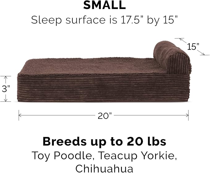 Furhaven Memory Foam Dog Bed for Small Dogs w/ Removable Bolster & Washable Cover, For Dogs Up to 20 lbs - Fleece & Corduroy Bolster Chaise - Dark Espresso, Small