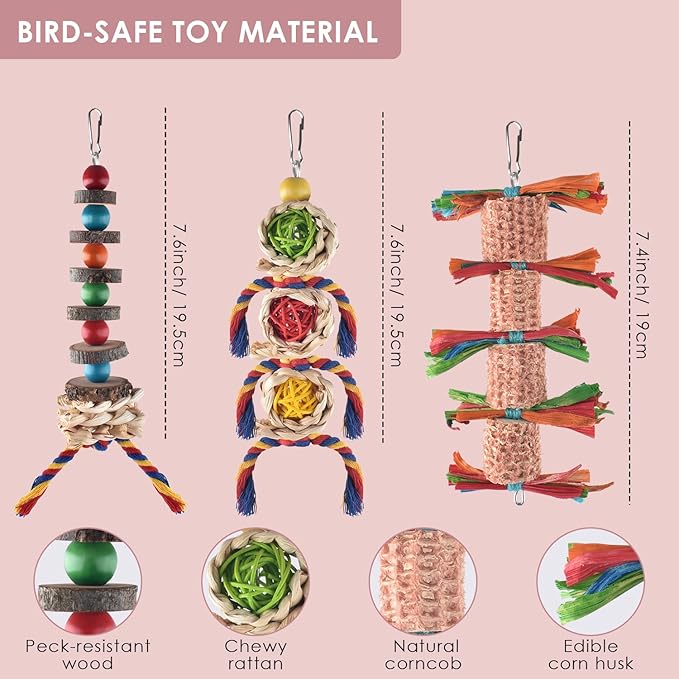 KATUMO Bird Toy Set, 6pcs Chew Toys & Perch for Small Birds, Conure, Cockatiel, Lovebird, Parakeet, Finch, Canary, Myna - Mental & Physical Workout, Relieves Boredom