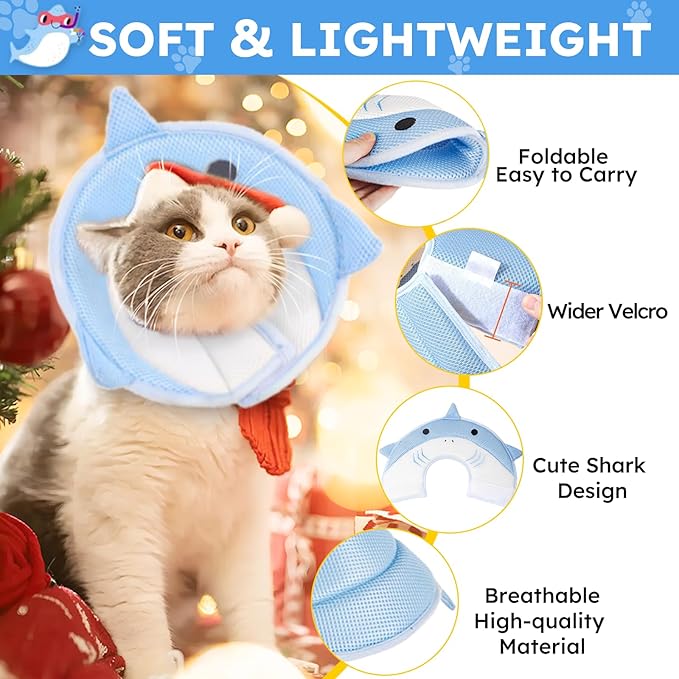 Cat Cone Collar Soft, Adjustable Cat Recovery Collar After Surgery to Prevent Licking Wound, Breathable Cat Neck Cone Comfortable Pet Elizabethan Collar for Cats Kittens Cute Shark Design