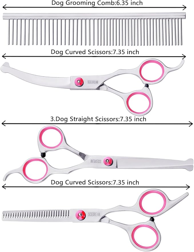 Dog Grooming Scissors with Safety Round Tips 5 in 1 Dog Scissors for Grooming 4CR Stainless Steel Grooming Scissors for Dogs and Cats, Professional Pet Grooming Shears, Pink