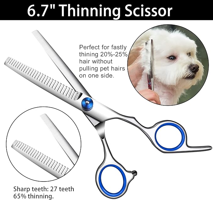 Dog Scissors for Grooming with Safety Round Tip,Professional Dog Grooming Kit,Dog Hair Shears Set,Incude Thinning、 Curved、Straight Scissors and Comb.Suitable for The Right Hand