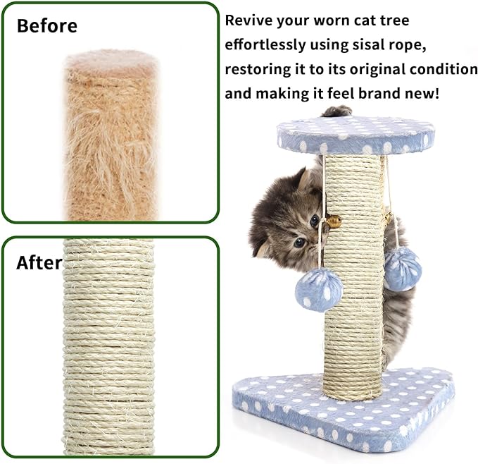 Natural Sisal Rope 1/4 Inch 32-Feet for Cat Tree Tower Repair and Replace Scratching Post, DIY Hemp Twine Rope for Cat Scratching Furniture Window Perch and Crafts Gardening Home Decorating