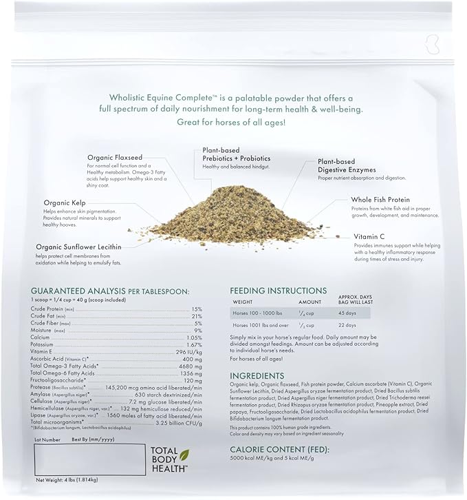 Wholistic Pet Organics Equine Complete: Horse Multivitamin for Total Body Health - Horse Supplement with Vitamins, Minerals, Prebiotics, Probiotics, Antioxidants and More - 4 Lb