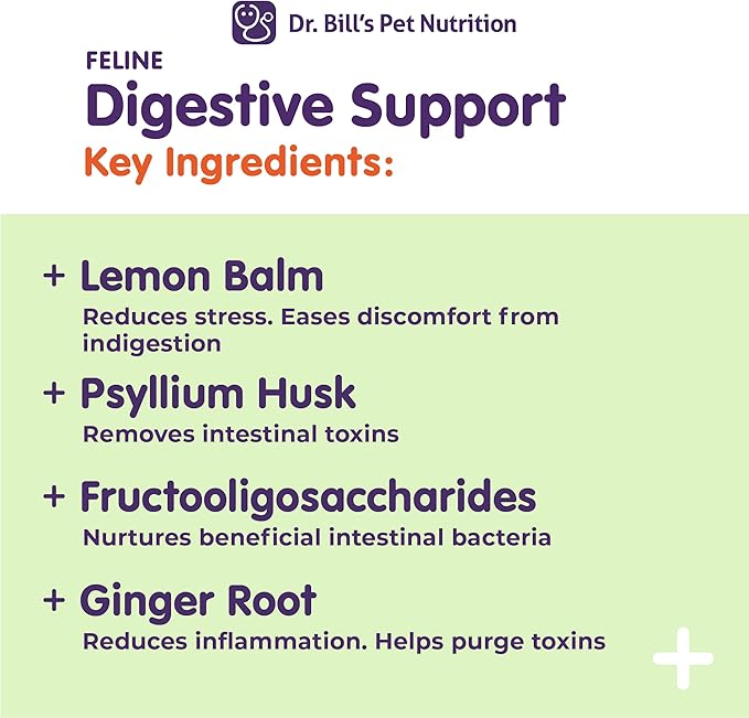 Dr. Bill's Feline Digestive Support Cat Prebiotics and Probiotics with Ginger Root, Psyllium Husk, Lemon Balm & More | 41 Active Ingredients for Better Digestion & Gut Health | Made in The USA