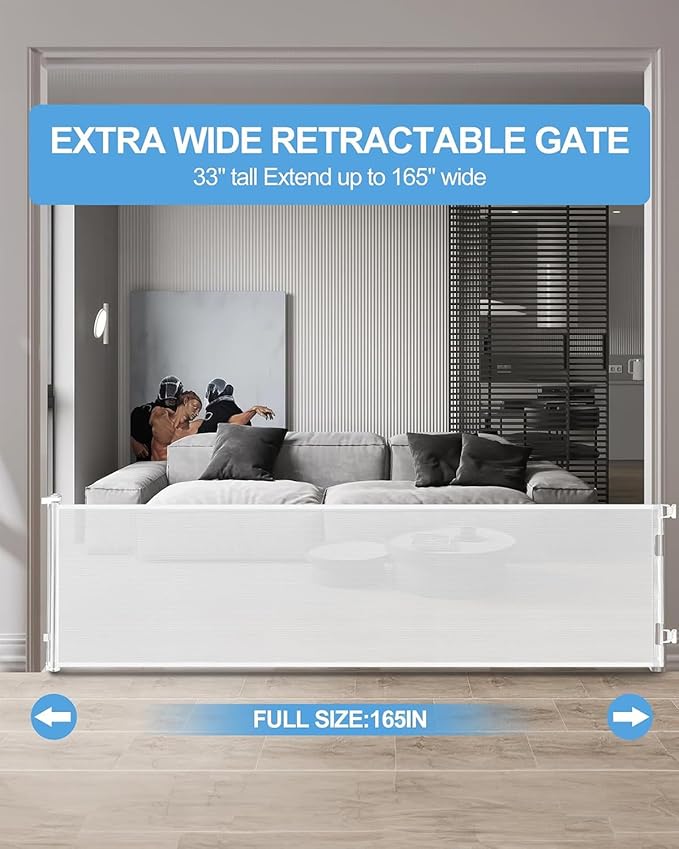 Retractable Baby Gate,Mesh Baby Extra Wide Gate,Extra Long Dog Gate,33" Tall,Large Extends up to 165" Wide,Child Safety Extra Large Gate for Doorways, Stairs, Indoor/Outdoor（White,33"x165"）