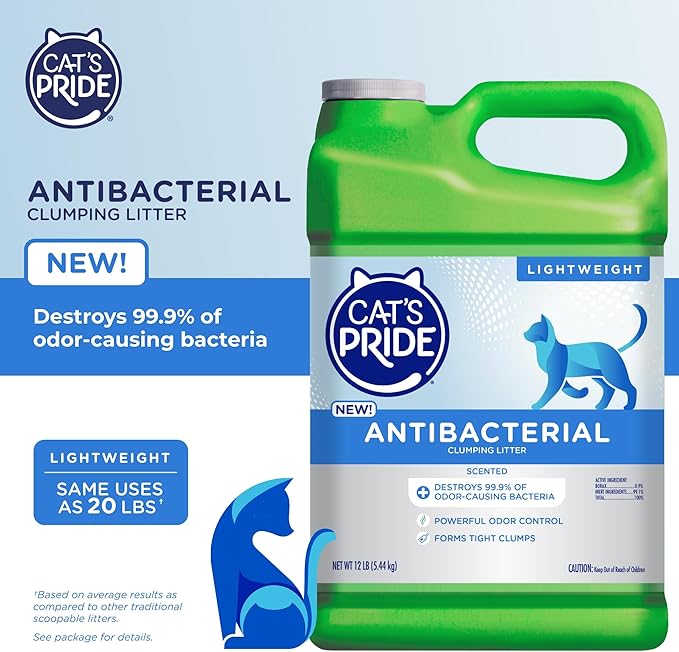 Cat's Pride New Antibacterial Cat Litter: Destroys 99.9% of Odor-Causing Bacteria - Powerful Odor Control - Premium Lightweight Clumping Litter - Scented, 12 Pounds