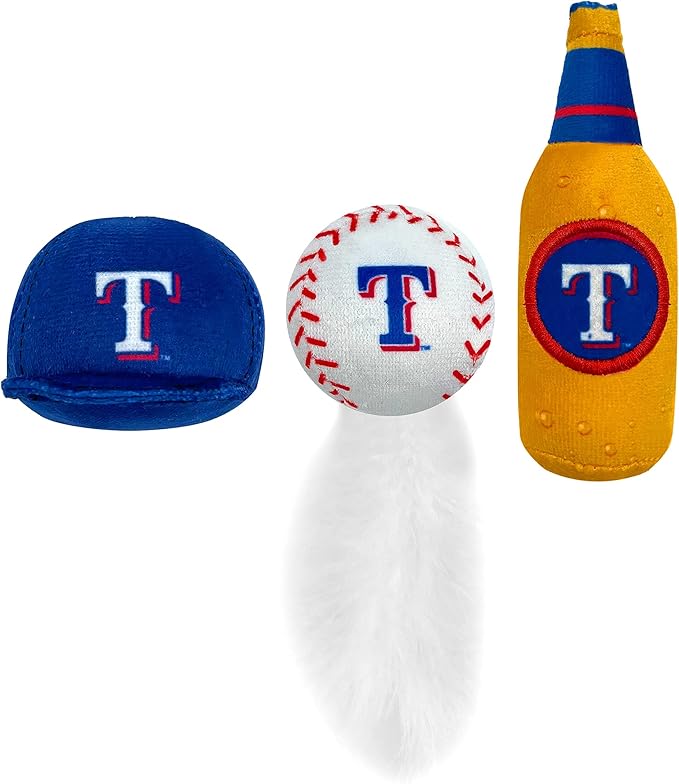 BEST PLUSH CAT TOY: MLB TEXAS RANGERS Complete Set of 3 piece Cat Toys filled with Fresh Catnip. Includes: 1 Baseball Cap Cat Toy, 1 Baseball Cat Toy with Feathers & 1 Beer Bottle. Beautiful Team LOGO