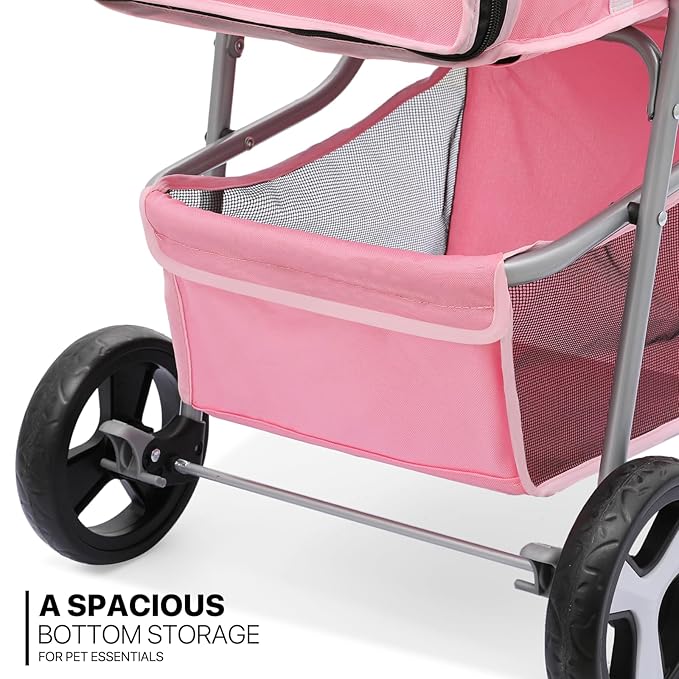 MoNiBloom 3-Wheels Foldable Pet Stroller w/Cover, Pet Strolling Cart for Small/Medium Dogs and Cats w/Cup Holder, Breathable Visible Mesh, Pink