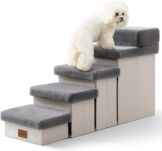 Dog Stairs for Bed with Storage 21" H, Small Dog Foldable Ramp with Leakproof Fabric Cover, Cat Steps for Medium Bed, Couch and Sofa, Lightweight, Comfort, 39.7x13x21.2in, Grey, 5 Tiers