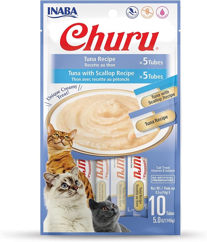 INABA Churu Cat Treats, Grain-Free, Lickable, Squeezable Creamy Purée Cat Treat/Topper with Vitamin E & Taurine, 0.5 Ounces Each Tube, 10 Tubes Total/Two Flavors, Tuna Variety