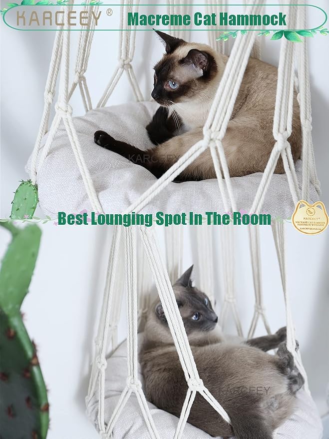 Macrame Cat Hammock,Macrame Hanging Cat Bed with Catnip Cushion and Hanging Kit (1.Macrame Hammock with Cat Bed)