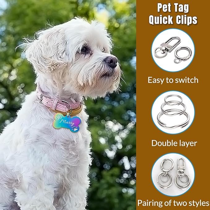 Dog Tag Clips for Collar,with 15Pcs Replaceable Dog ID Name Tag Ring Clip Dog Tag Attachment Clip Pet tag Quick Clip Clips Rings for Pet Collar Key Ring Clips Accessories 6 Sets (6 Sets)