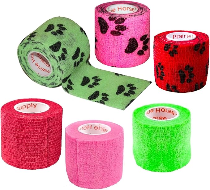 Prairie Horse Supply 2 Inch Vet Wrap Tape Bulk (Green, Pink, Red and Black Paw Prints on Green, Pink, Red) (Pack of 6) Self Adhesive Adherent Adhering Flex Bandage Grip Roll for Dog Cat Pet