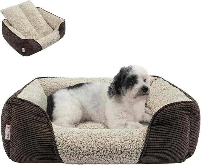 Miguel Washable Dog Bed with Removable Cushion for Medium Small Dogs, Easy to Wash Pet Sofa Bed with Side, Rectangle Bolster Cat Bed Calming Cuddle Puppy Bed with Anti-Slip Bottom, Brown 25 Inch