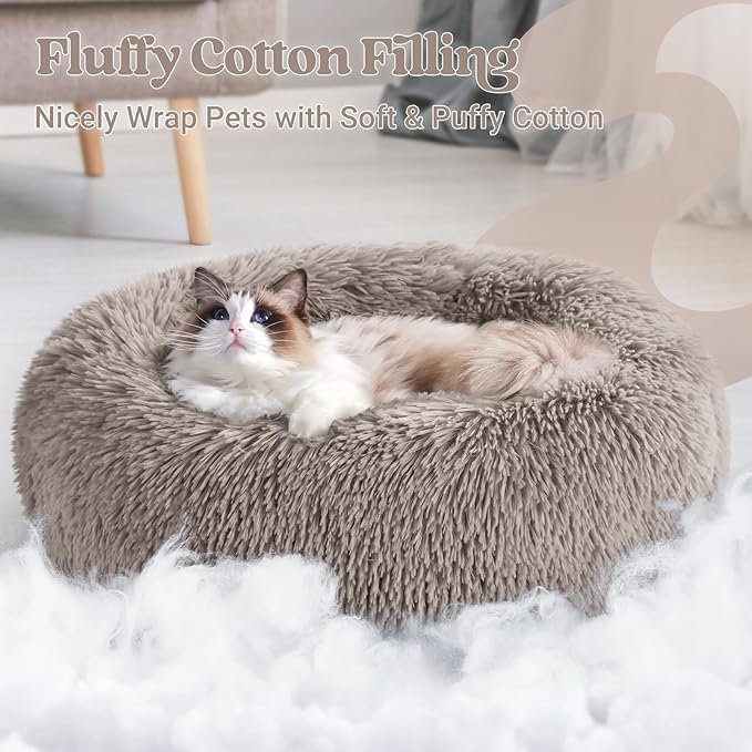 rabbitgoo Cat Beds for Indoor Cats, 20 inches Cat Bed Machine Washable, Fluffy Round Pet Bed Non-Slip, Calming Soft Plush Donut Cuddler Cushion Self Warming for Small Dogs Kittens, Khaki, Medium