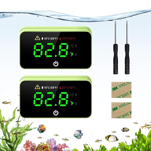 Digital Aquarium Thermometer, Stick-on Fish Tank Thermometer with LED Display, Wireless Aquarium Temperature Measurement with Battery-change Tool and Extra Sticker.(Green*2)