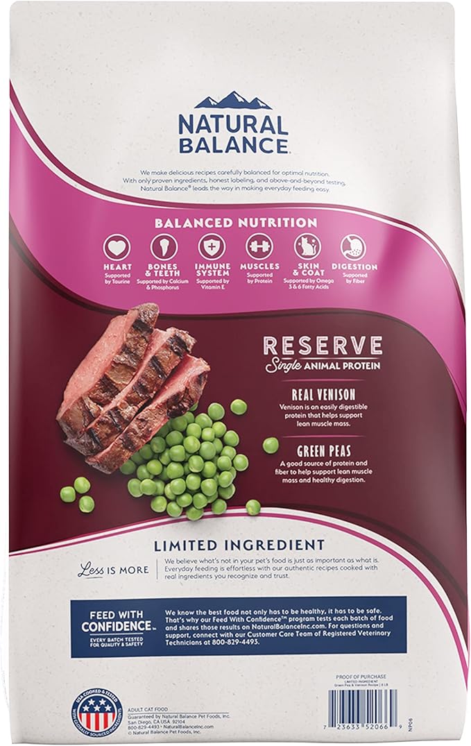 Natural Balance Limited Ingredient Adult Grain Free Dry Cat Food, Reserve Green Pea & Venison Recipe, 4 Pound (Pack of 1)