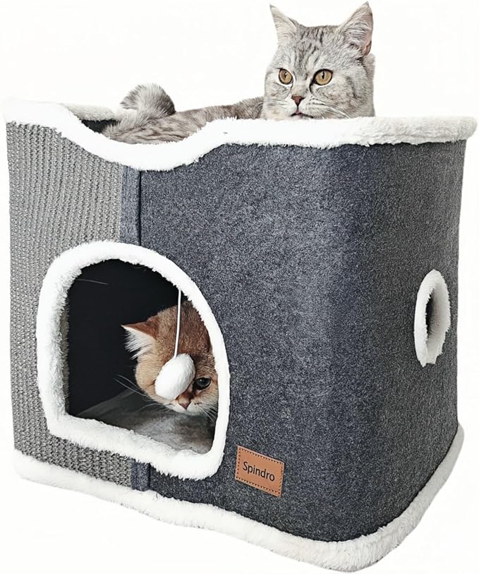 Large Cat Bed for Indoor Cats, Adult Cat Cave Cat House Cube with Scratch Pad Cat Towers, Cute Kitten Condo Hideaway Hut with Washable Soft Cat Pillow Mat for Multi Pets Under 30 lbs